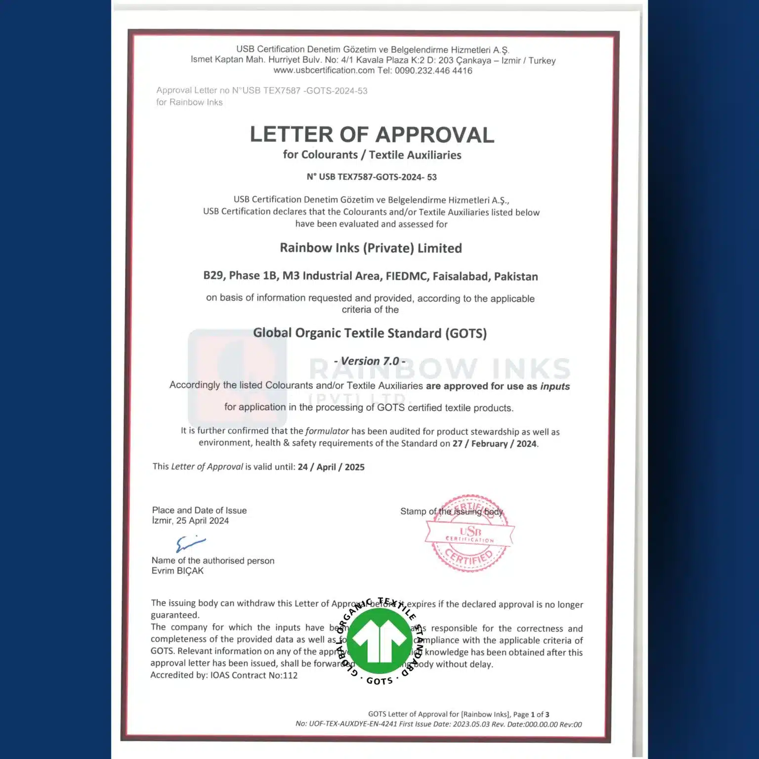 Certificate Global Organic Textile Standard